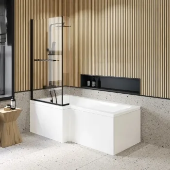L Shaped 1700 Shower Bath & 6mm Matt Black Easy Clean Screen with Rail - Left Handed