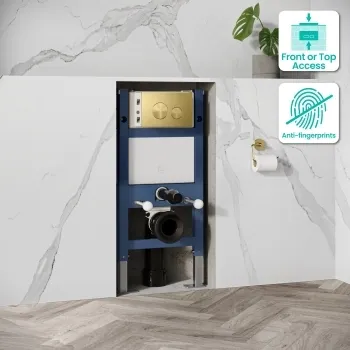 Idaho Pneumatic Top & Front Compact Wall Hung Toilet Frame and Concealed Cistern with Brushed Brass Flush Plate - Round Buttons