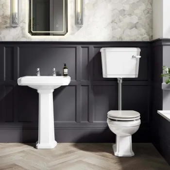 Hudson Traditional Low-Level Toilet With Cotton White Seat & Pedestal Basin - Double Tap Hole