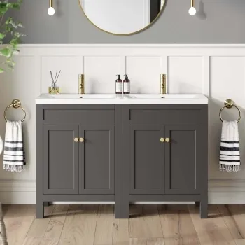 Bermuda Graphite Grey Double Basin Vanity 1200mm - Brushed Brass Accents