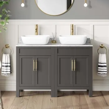 Bermuda Graphite Grey Vanity with Marble Top & Curved Counter Top Basin 1200mm - Brass Knurled Handles