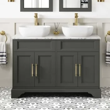 Lucia Graphite Grey Double Vanity with Marble Top & Curved Counter Top Basin 1200mm - Brass Knurled Handles