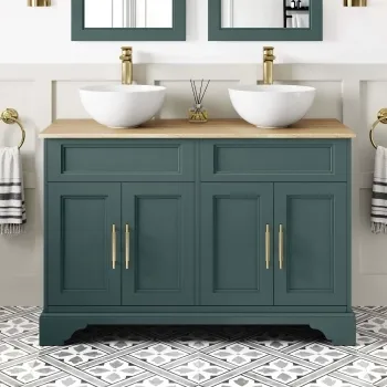 Lucia Midnight Green Double Vanity with Oak Effect Top & Round Counter Top Basin 1200mm - Brass Knurled Handles