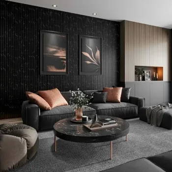 Trepanel Design® Black Marble Effect on Black Felt Acoustic Wood Slat Panels