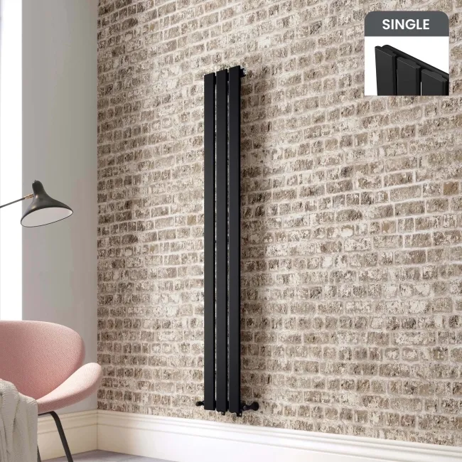 Faro Matt Black Single Flat Panel Vertical Radiator 1600x210mm