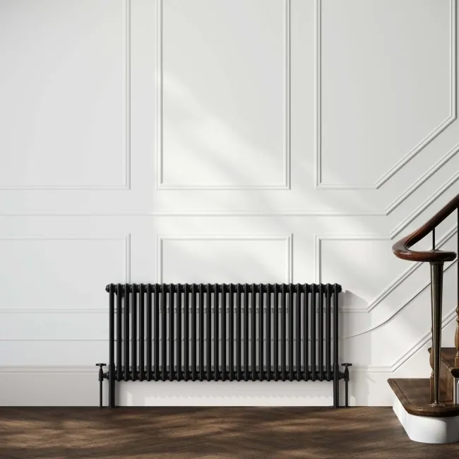 Athens Matt Black Double Column Horizontal Traditional Radiator 600x1415mm