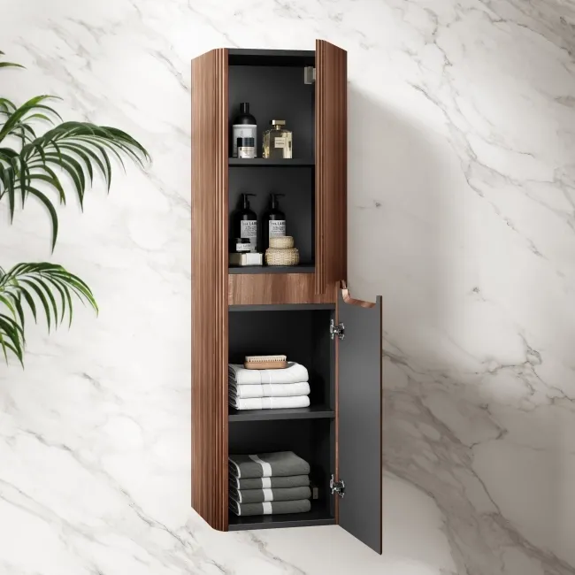 Sorrento Fluted Black Walnut Wall Hung Tall Cabinet 1400x400mm