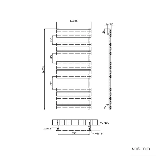Santorini Electric Matt Black Flat Panel Heated Towel Rail 1400x600mm