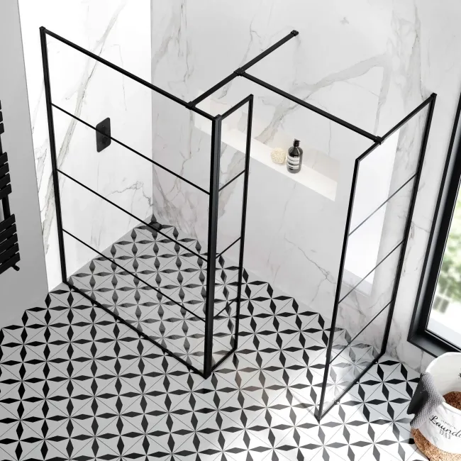 Munich Matt Black Grid 8mm Walk In Shower Enclosure 1200mm & 700mm Glass with Pivotal Return Panel