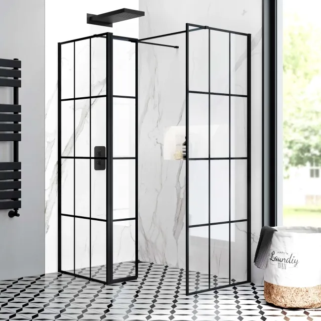 Munich Matt Black Grid 8mm Walk In Shower Enclosure 700mm & 700mm Glass with Pivotal Return Panel