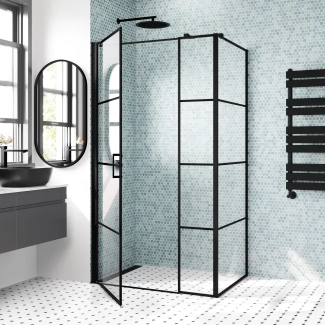Toulon Matt Black Grid Easy Clean 6mm Pivot Shower Enclosure 1100x800mm