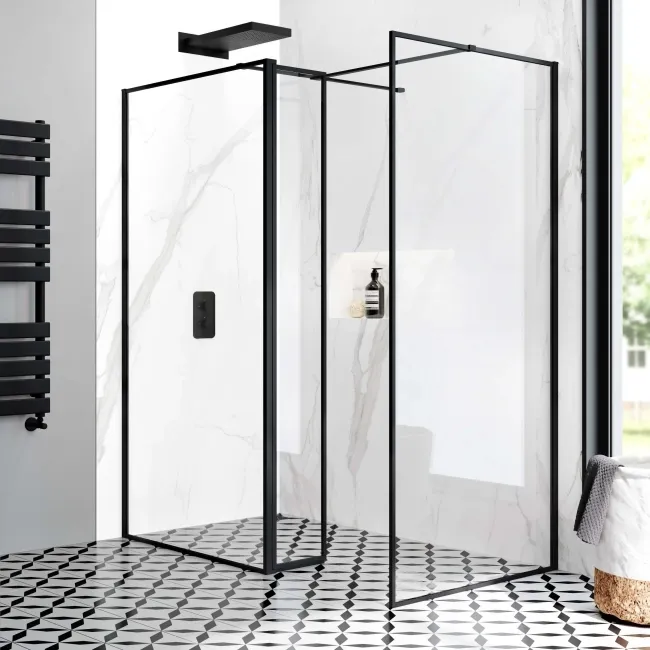 Munich Matt Black Framed 8mm Walk In Shower Enclosure 1100mm & 900mm Glass with Pivotal Return Panel