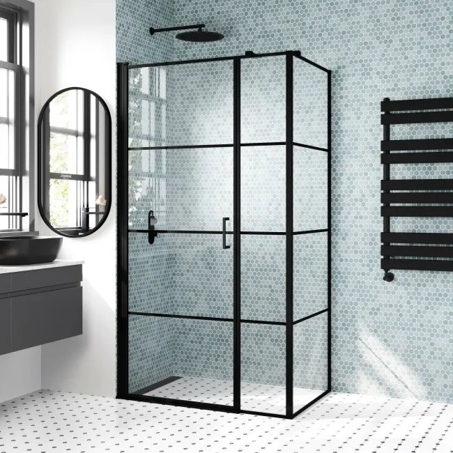 Toulon Matt Black Grid Easy Clean 6mm Pivot Shower Enclosure 1100x700mm