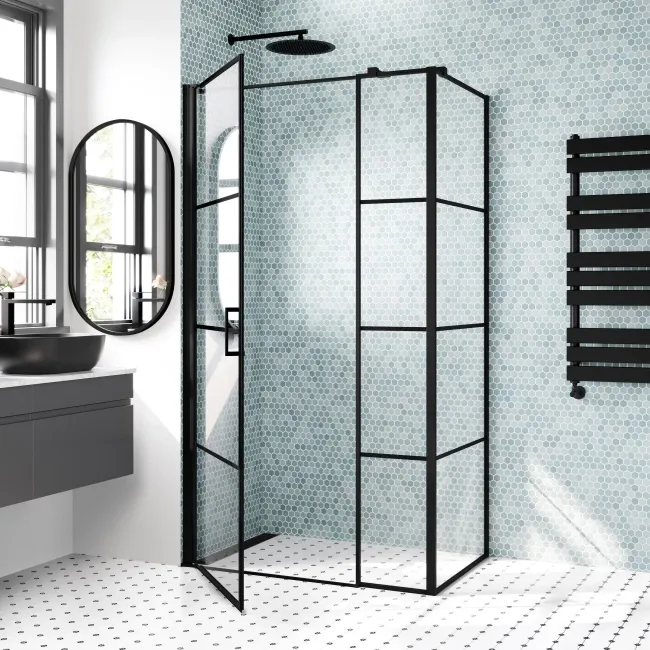 Toulon Matt Black Grid Easy Clean 6mm Pivot Shower Enclosure 1100x700mm