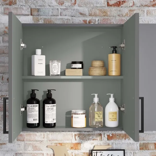 Harper Stone Grey Wall Hung Cabinet 600x600mm - Black Accents