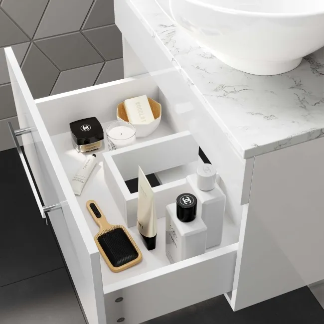 Avon Gloss White Wall Hung Drawer Vanity with Marble Top & Oval Counter Top Basin 600mm