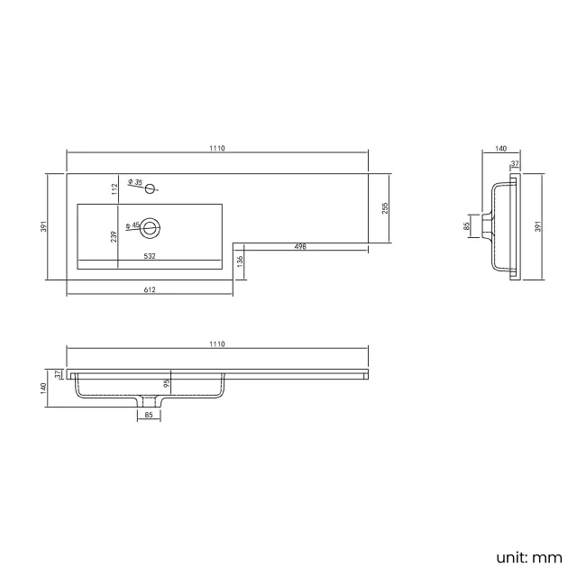 Avon Stone Grey Combination Basin Drawer and Aruba Toilet 1100mm - Left Handed