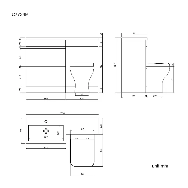 Trent Gloss White Combination Basin Drawer and Atlanta Toilet 1100mm - Left Handed