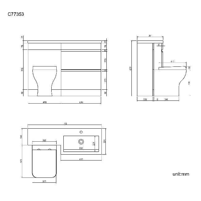Trent Gloss White Combination Basin Drawer and Atlanta Toilet 1100mm - Right Handed