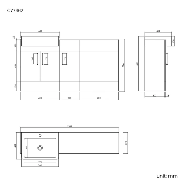 Harper Charcoal Elm Combination Vanity Basin with Marble Top 1500mm