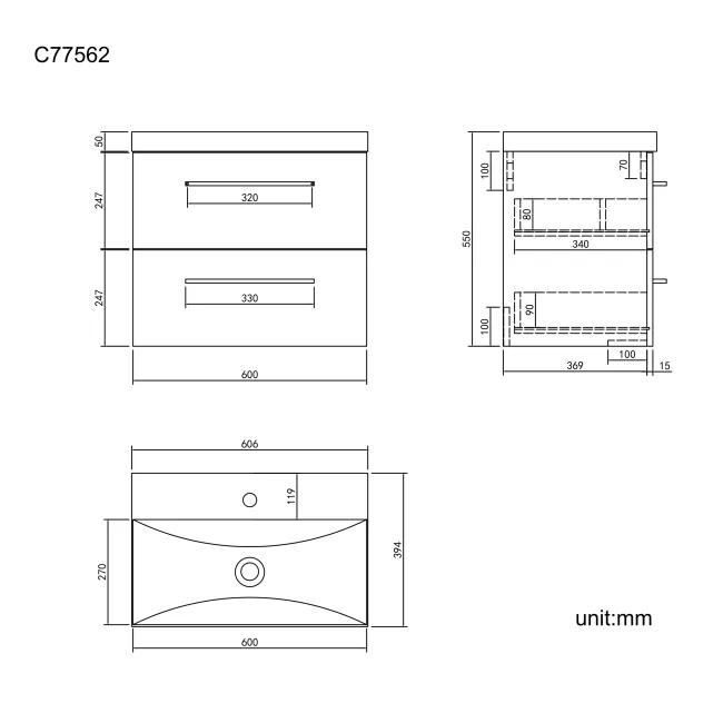 Elba Graphite Grey Wall Hung Basin Drawer Vanity 600mm - Black Accents