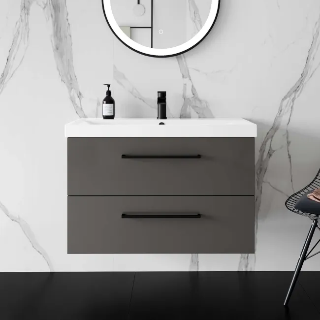 Elba Graphite Grey Wall Hung Basin Drawer Vanity 800mm - Black Accents