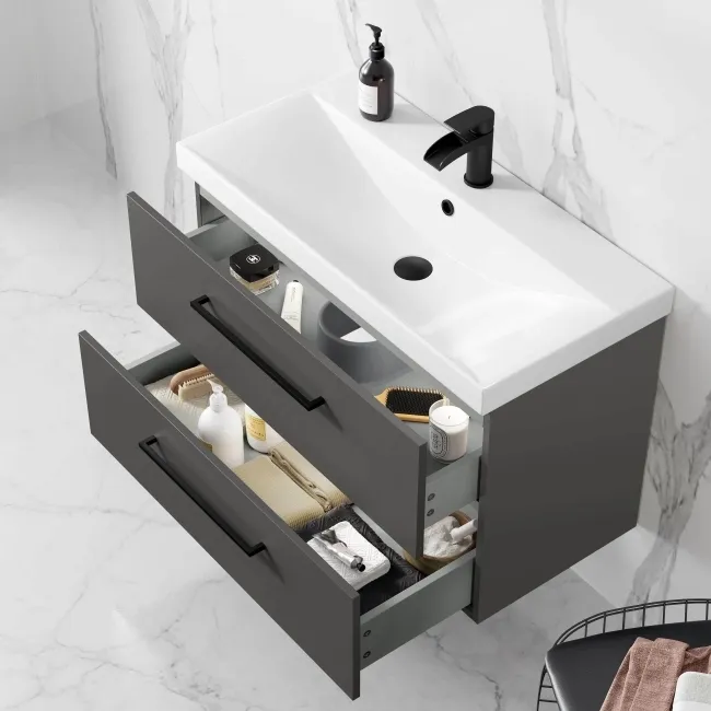 Elba Graphite Grey Wall Hung Basin Drawer Vanity 800mm - Black Accents