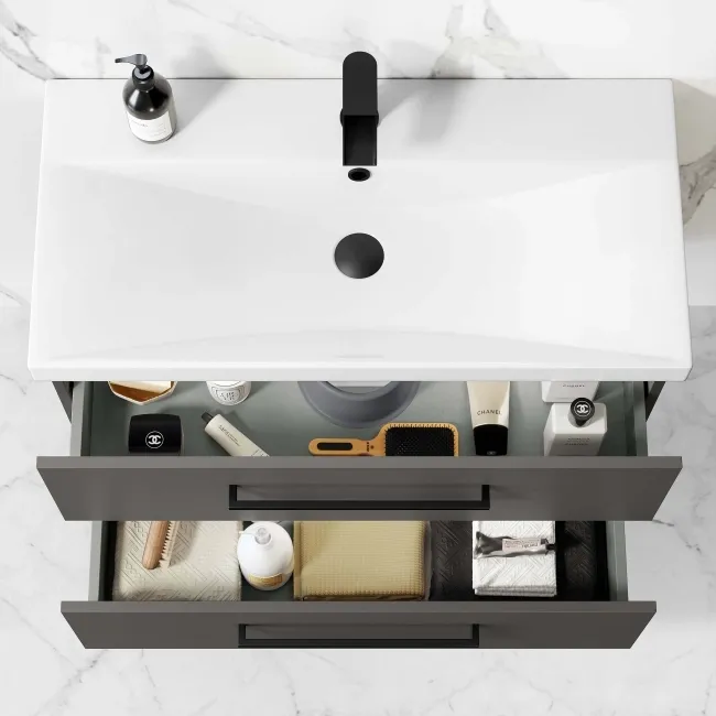 Elba Graphite Grey Wall Hung Basin Drawer Vanity 800mm - Black Accents