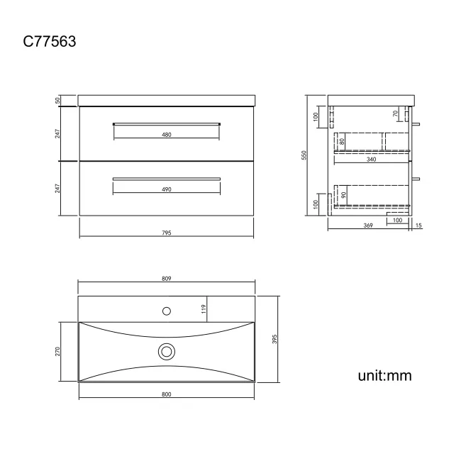 Elba Graphite Grey Wall Hung Basin Drawer Vanity 800mm - Black Accents