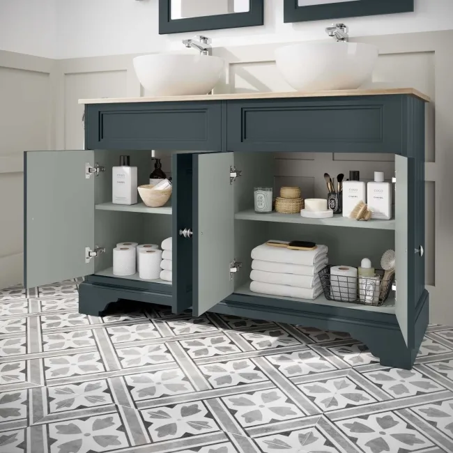 Lucia Inky Blue Double Vanity with Oak Effect Top & Round Counter Top Basin 1200mm