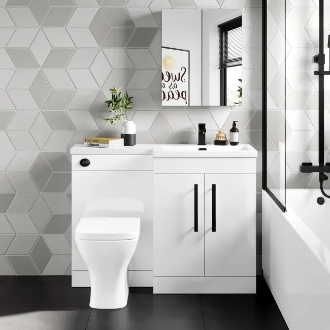 Avon Gloss White Combination Vanity Basin and Atlanta Toilet 1100mm - Black Accents - Right Handed