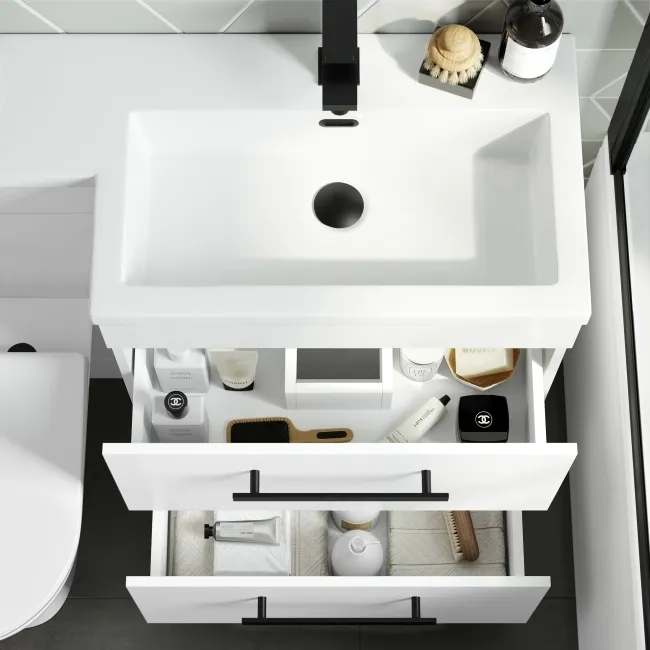 Avon Gloss White Combination Basin Drawer and Aruba Toilet 1100mm - Black Accents - Right Handed