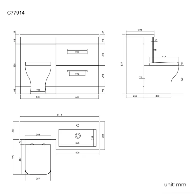 Avon Gloss White Combination Basin Drawer and Atlanta Toilet 1100mm - Black Accents - Right Handed