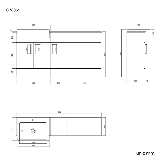 Harper Gloss White Combination Vanity Basin 1500mm - Black Accents (Excludes Pan + Cistern)