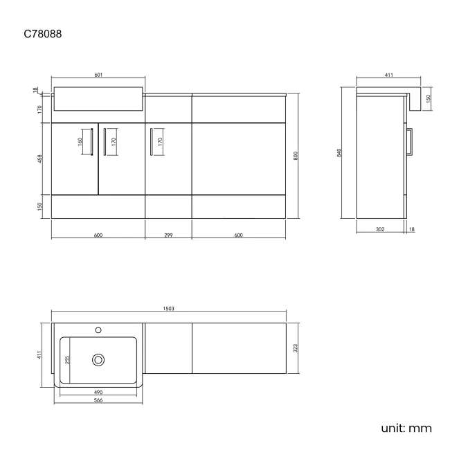 Harper Stone Grey Combination Vanity Basin 1500mm - Black Accents (Excludes Pan + Cistern)