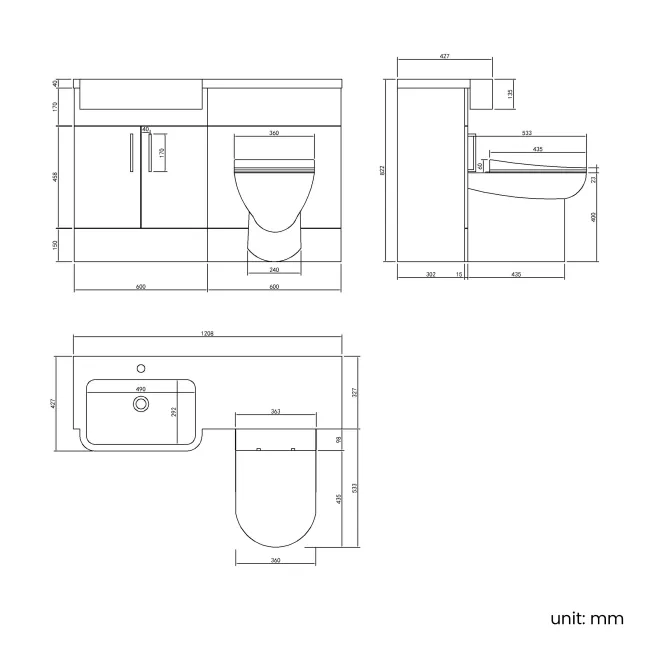 Harper Charcoal Elm Combination Vanity Basin and Aruba Toilet 1200mm - Black Accents - Left Handed