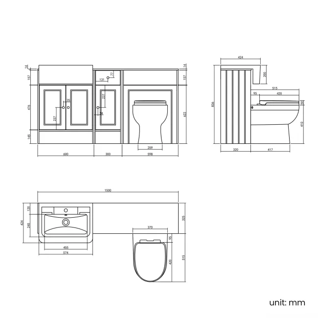 Monaco Graphite Grey Combination Vanity Traditional Basin with Marble Top and Seattle Toilet 1500mm