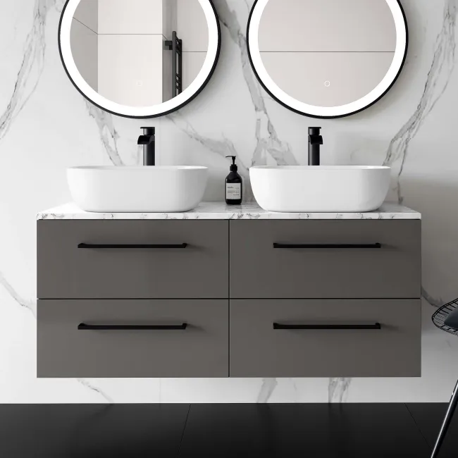 Elba Graphite Grey Double Wall Hung Drawer Vanity with Marble Top & Curved Counter Top Basin 1200mm - Black Accents