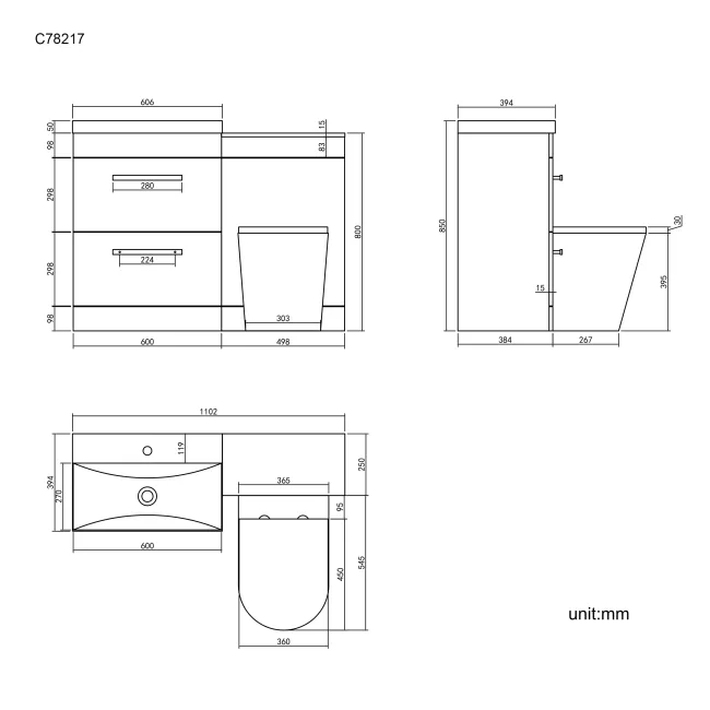 Avon Gloss White Combination Basin Drawer and Boston Toilet 1100mm
