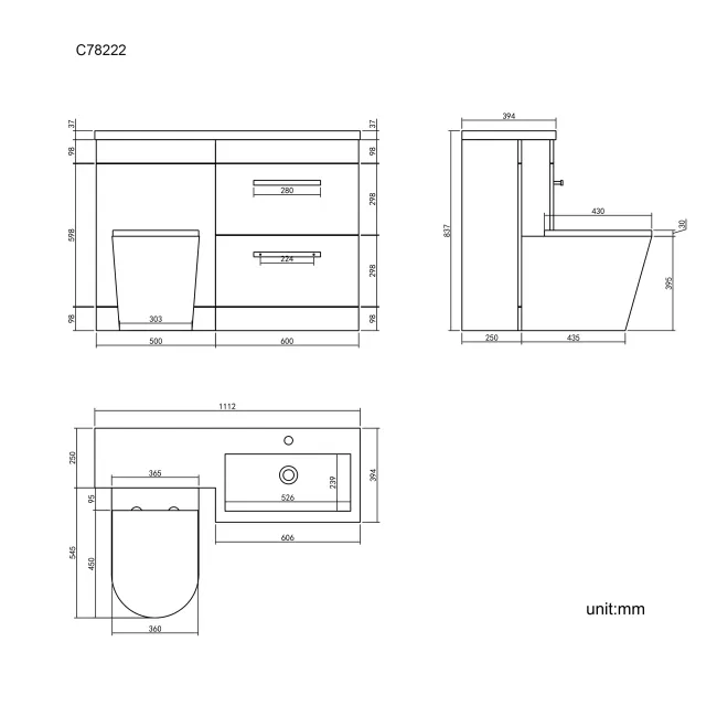 Avon Gloss White Combination Basin Drawer and Boston Toilet 1100mm - Right Handed