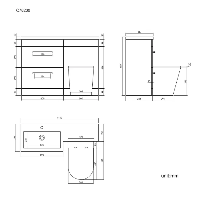 Avon Gloss White Combination Basin Drawer and Boston Toilet 1100mm - Black Accents - Left Handed
