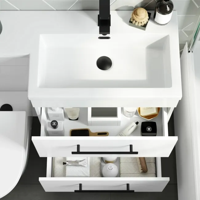 Avon Gloss White Combination Basin Drawer and Boston Toilet 1100mm - Black Accents - Right Handed
