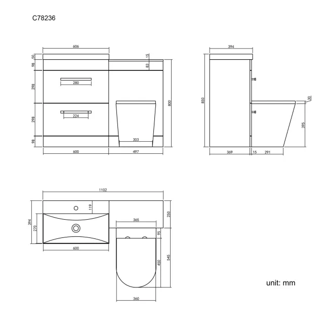 Avon Stone Grey Combination Basin Drawer and Boston Toilet 1100mm