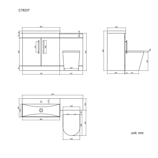 Avon Stone Grey Combination Vanity Basin and Boston Toilet 1300mm