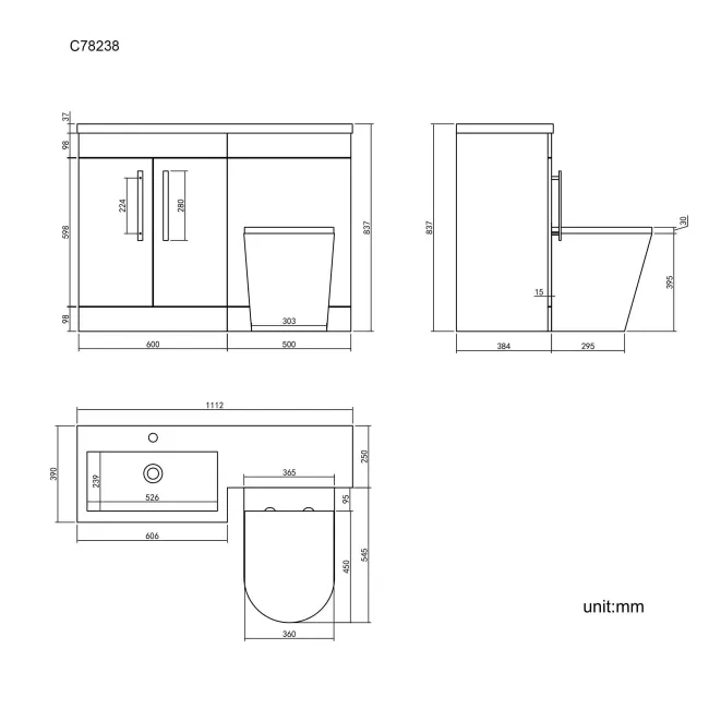 Avon Stone Grey Combination Vanity Basin and Boston Toilet 1100mm - Left Handed