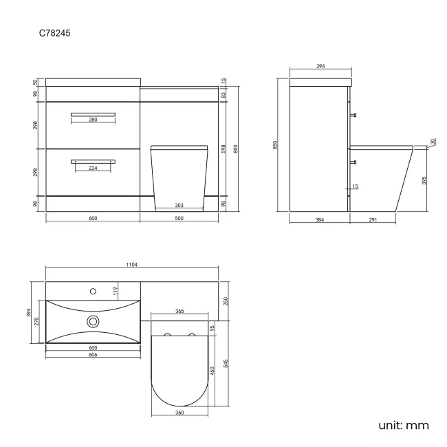 Avon Stone Grey Combination Basin Drawer and Boston Toilet 1100mm - Black Accents
