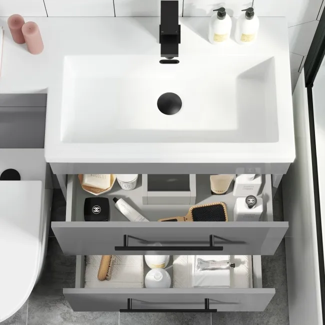Avon Stone Grey Combination Basin Drawer and Boston Toilet 1100mm - Black Accents - Right Handed