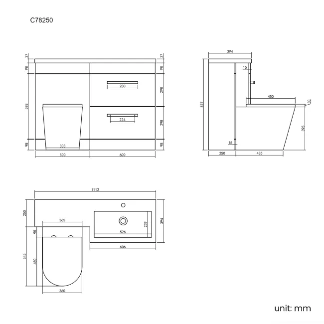 Avon Stone Grey Combination Basin Drawer and Boston Toilet 1100mm - Black Accents - Right Handed