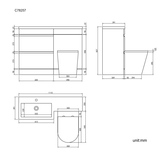 Trent Stone Grey Combination Basin Drawer and Boston Toilet 1100mm - Left Handed