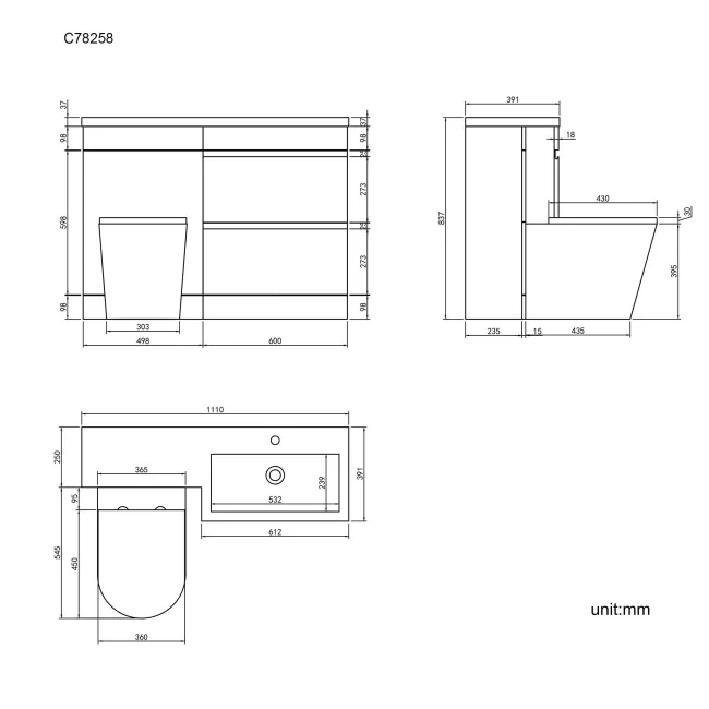 Trent Stone Grey Combination Basin Drawer and Boston Toilet 1100mm - Right Handed